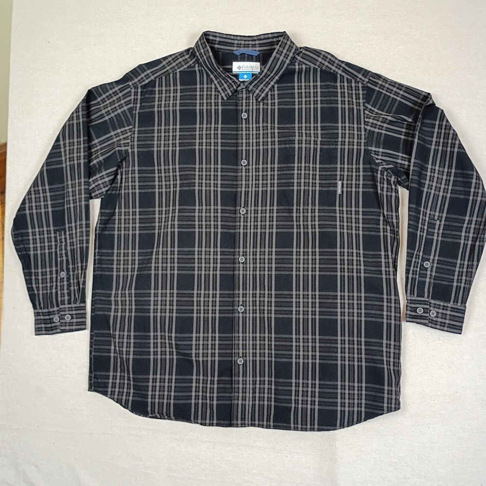 Columbia Sportswear Mens XXL Grey Black Plaid Long Sleeve Cotton Button Up Shirt
